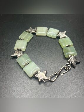 Sterling Silver Green Stone Bracelet Star Link Toggle Hook 7” Natural Stone